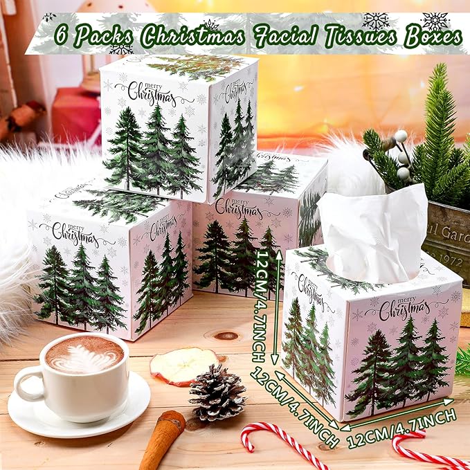 Yeaqee 6 Pack Christmas Facial Tissue Cube Box Square 480 Sheets Pine Tree Snowflake Christmas Paper Facial Tissues Cube Box for Winter Xmas Holiday Kitchen Office Home Xmas Decor