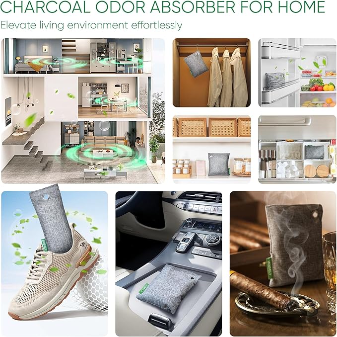Activated Charcoal Odor Absorber,6 Pack Nature Odor Eliminator for Shoes, Bamboo Charcoal Air Purifying Bags,Shoe Deodorizer and Moisture Absorbers for Fresh Sneakers,Shoe Smell Remover