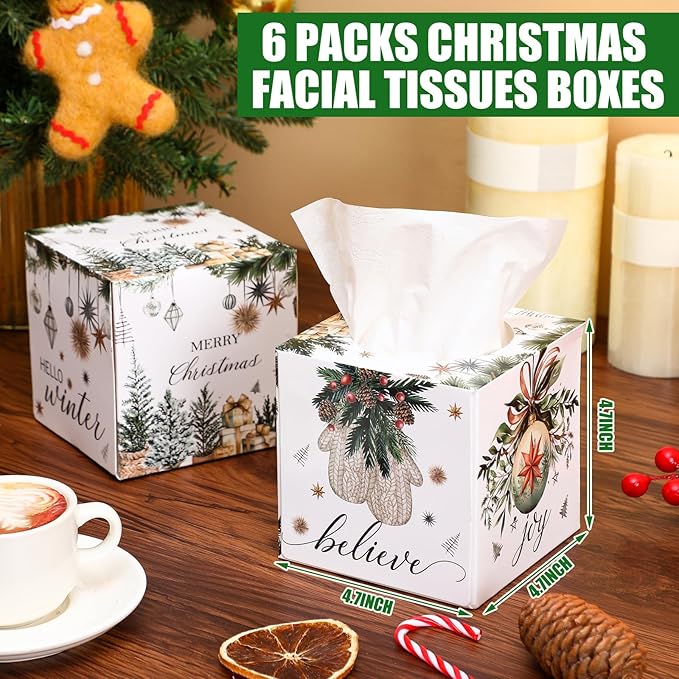Yeaqee 6 Pack Christmas Facial Tissue Cube Boxes Square 480 Sheets Xmas Tree Paper Facial Christmas Tissues Cube Box Ball Gloves Hello Winter Decoration for Xmas Home Bathroom Kitchen