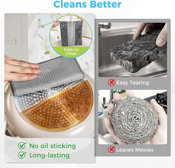 AIDEA Non Scratch Wire Dishcloth 24PK, Upgraded Wire Dishwashing Rag for Kitchen, Dual Sided, Washable Dish Cloths, Cleaning Pads Steel Scrubber for Cookware, Sinks, Dishes, Stove Tops, 7"×8" Grey