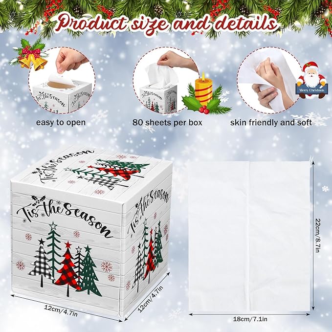 Yeaqee 6 Pack Large Christmas Facial Tissue Cube Box Square 480 Sheets Xmas Tree Christmas Paper Facial Tissues Cube Box for Winter Xmas Holiday Kitchen Office Home Car Decor