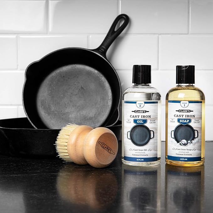 CLARK'S Cast Iron Cleaning Kit with Coconut Oil – Cast Iron Cleaner Set with Seasoning Oil, Soap, Scrub Brush, and Applicator Pad – Restore and Preserve Pan, Skillet, Grill, Dutch Oven, and Wok