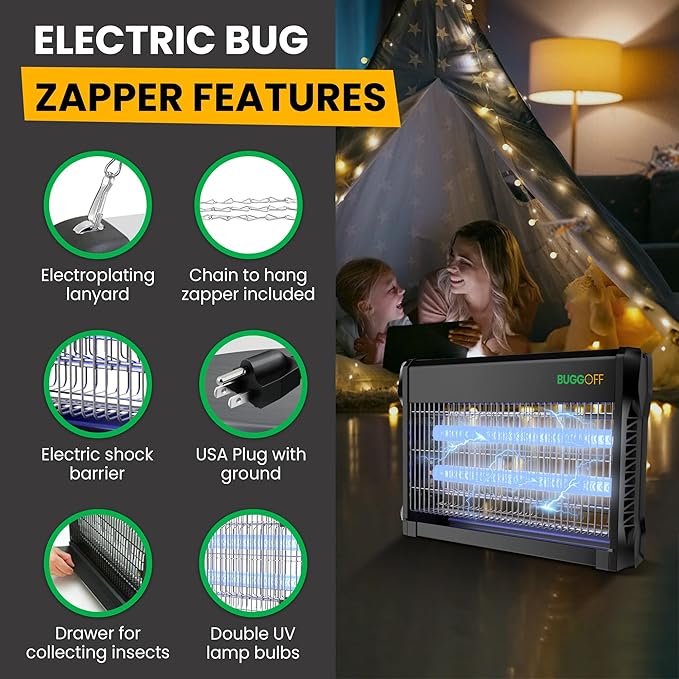 BUGGOFF Black Modern Indoor Electric Bug Zapper, 2000 SQFT Coverage, 3500 Volts of Stunning Power, 40 Watts, Kills Mosquitos Gnats, Flys & More. 10 Year Warranty, X2 Free Replacment Bulbs