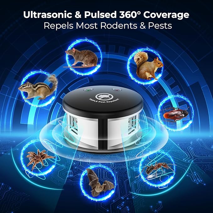 X-PEST Ultrasonic Rodent Repeller Indoor, 360° Squirrel Repellent Mice Deterrent, 3 Mode Switch with Pressure Wave, Plug in Multiple Pest Deterrent Control, Black