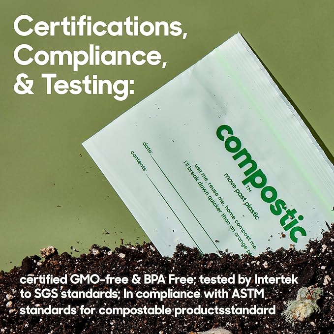 Compostic Home Compostable Resealable Snack Bags (6"x 3.5"), Microwave & Freezer Safe, Organic Food Storage Container, 60 Count