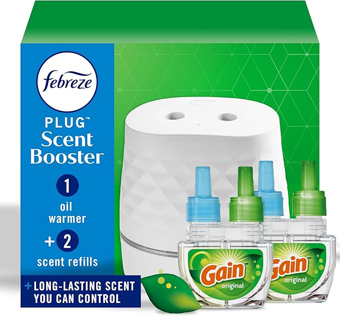 Febreze Plug Scent Booster Starter Kit, Oil Diffuser, Air Freshener Plug in, Giftable for Holidays, Continuous Scent Device + 2 Gain Original Refills