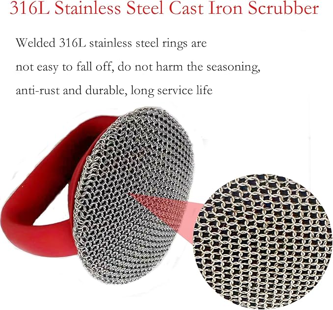 Cast Iron Scrubber, Iron Chainmail Scrubber Skillet Cleaner with Silicone Handle, Stainless Steel Chain Mail Scrubber for Cast Iron Skillets