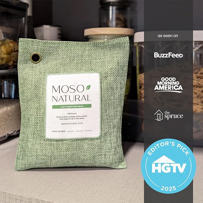 Moso Natural Air Purifying Bag 200g (5 Pack). A Scent Free Odor Eliminator for Cars, Closets, Bathrooms, Pet Areas. Premium Moso Bamboo Charcoal Odor Absorber. Two Year Lifespan! (Green)