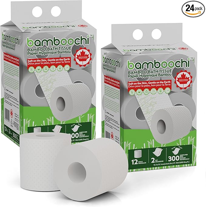 Bamboo Toilet Paper, Septic Safe Toilet Paper 2 Ply 24 Rolls 300 Sheets Per Roll, Soft Unscented Bath Tissue, RV Safe, Eco-Friendly, Non Chlorine, PFAS Free, Made in Canada