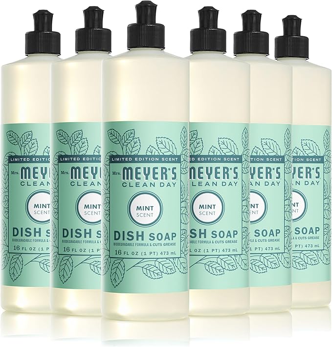 MRS. MEYER'S CLEAN DAY Liquid Dish Soap, Biodegradable Formula, Limited Edition Mint, 16 fl. oz - Pack of 6
