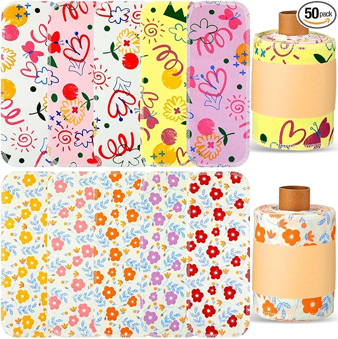 VitalCozy 50 Pcs Reusable Toilet Washable Bidet Towels Rerollable Cloth Wipes Paperless Towels Roll Absorbent Cotton for Kitchen Paperless Dishcloths(Bright Flower)
