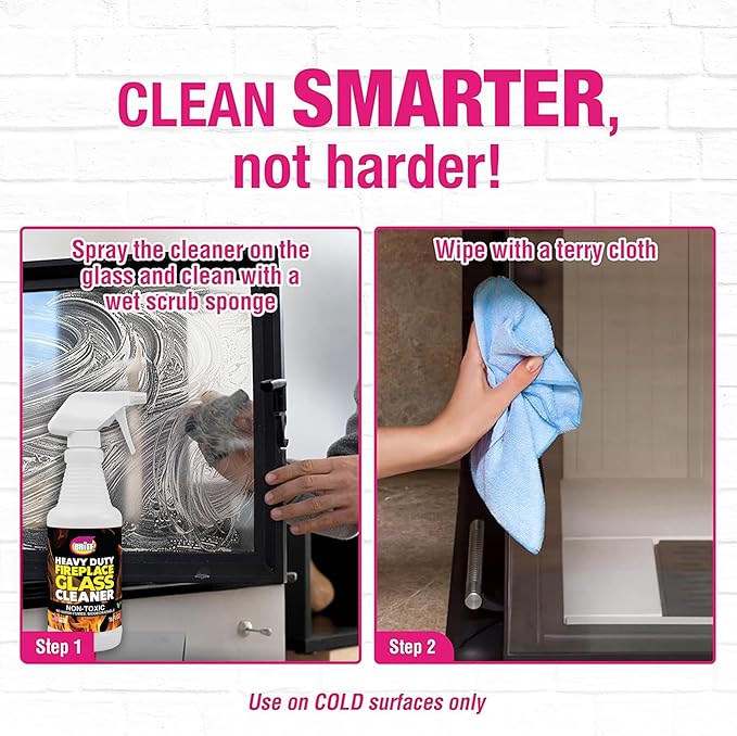 Quick 'n Brite Fireplace Glass Cleaner Kit – Heavy-Duty 16oz Cleaner with Scraper Tool, Melamine & Scrubber Sponges, Microfiber Towel – Glass, Wood Stove & Fireplace Door Cleaning - Made in the USA