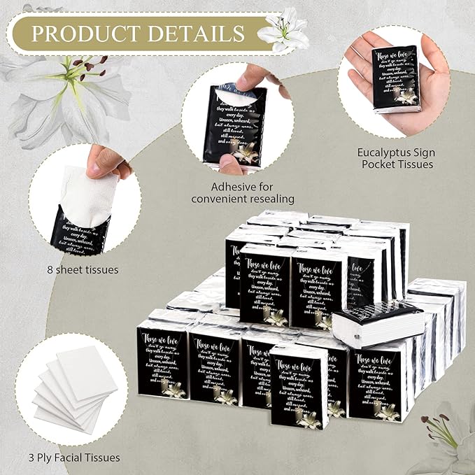 100 Packs Memorial Facial Tissues Those We Love Don't Go Away Inspirational Poem Pocket Tissues 3 Ply Napkins Packs Funerals Wedding Supplies for Family Relatives Guests, 700 Sheets(Black)