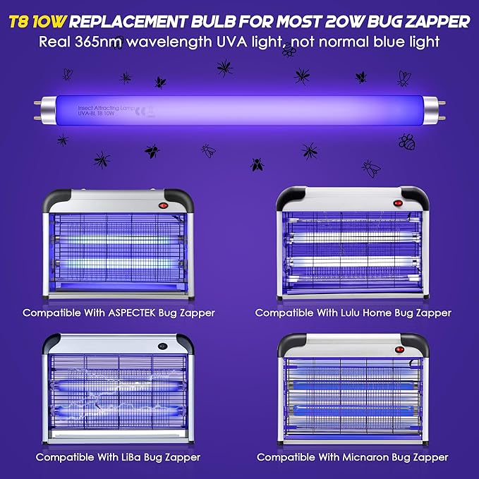 Qualirey 10 Pack Bug Zapper Replacement Light Bulbs 10W for 20W Indoor Bug Zapper, BL T8 F10W 13Inch Light Tube Compatible with Aspectek, Liba, Micnaron, Lulu Home and Other 20W Mosquito Lamp