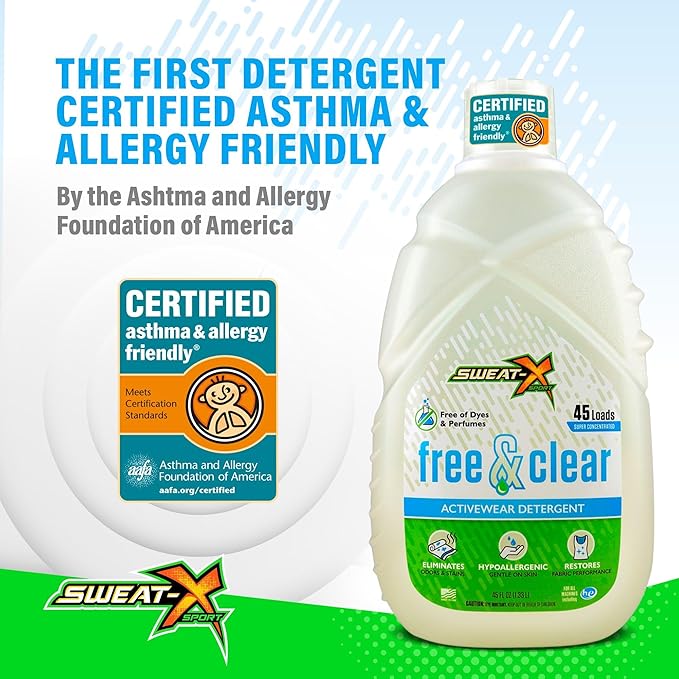 Sweat X Free & Clear Activewear Laundry Detergent – Certified Asthma & Allergy Friendly® – Hypoallergenic – Removes Toughest Stains & Odors – High-Performance Sports Wash – 45 Loads/Bottle – 4 Pack