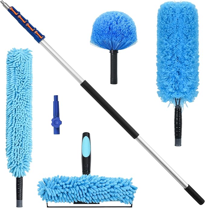 30 Foot High Reach Cleaning Kit with 6-24FT Telescoping Pole - High Ceiling Dusting and Window Cleaning Kit, Cobweb Duster, Window Washer & Squeegee, Fan Duster and Feather Duster