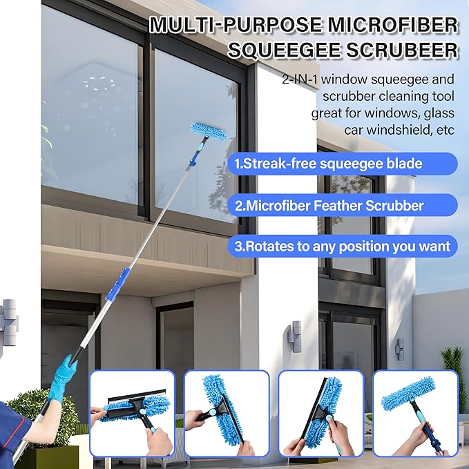 30 FT High Reach Cleaning Kit with 7-30 Foot Telescoping Extension Pole, Flexible Ceiling Fan Duster, Microfiber Feather Duster, Cobweb Duster & Window Squeegee & Washer