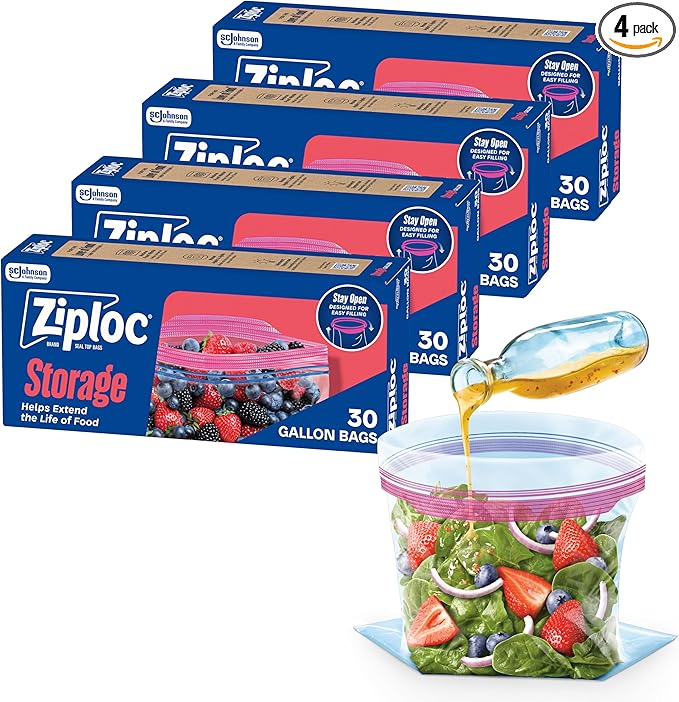 Ziploc Gallon Food Storage Bags, 120ct Total, Stand-Up Bottom, Easy to Fill, 30 Count (Pack of 4) (Packaging May Vary)