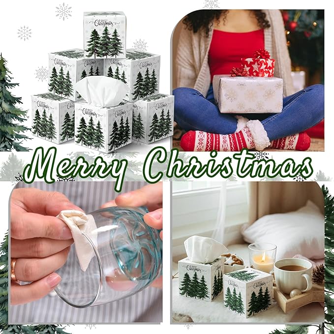 Yeaqee 6 Pack Christmas Facial Tissue Cube Box Square 480 Sheets Pine Tree Snowflake Christmas Paper Facial Tissues Cube Box for Winter Xmas Holiday Kitchen Office Home Xmas Decor