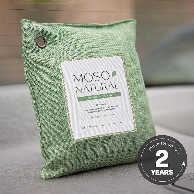 Moso Natural Air Purifying Bag 200g (5 Pack). A Scent Free Odor Eliminator for Cars, Closets, Bathrooms, Pet Areas. Premium Moso Bamboo Charcoal Odor Absorber. Two Year Lifespan! (Green)