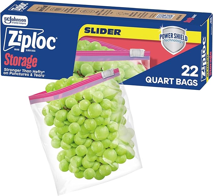 Ziploc Quart Food Storage Slider Bags, Durable, 22 Count (Packaging May Vary)