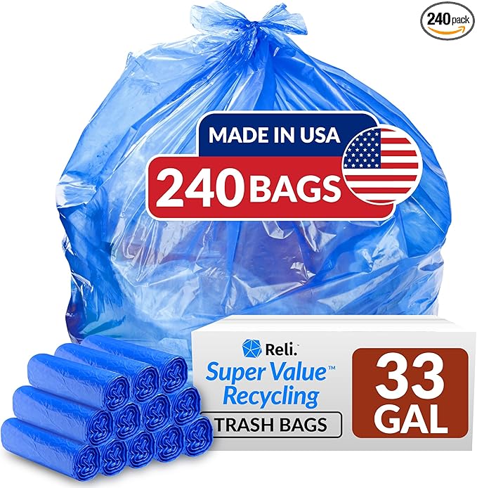 Reli. SuperValue 33 Gallon Recycling Bags (240 Count, Bulk) Made in the USA - Blue Trash Bags, 30-33 Gallon | Blue Recycling, Garbage | 33Gal with 30Gal, 33Gal, 35Gal Capacity