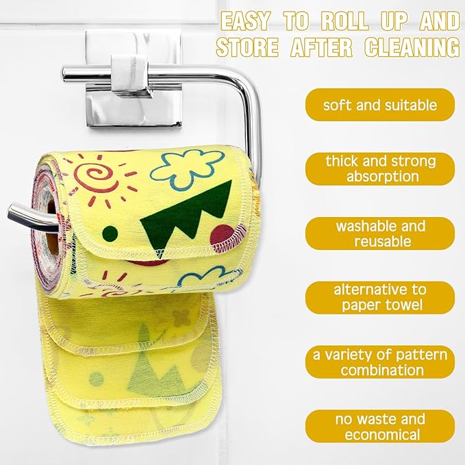 VitalCozy 50 Pcs Reusable Toilet Washable Bidet Towels Rerollable Cloth Wipes Paperless Towels Roll Absorbent Cotton for Kitchen Paperless Dishcloths(Bright Flower)