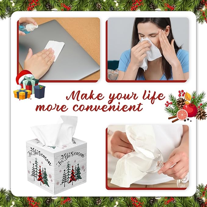 Yeaqee 6 Pack Large Christmas Facial Tissue Cube Box Square 480 Sheets Xmas Tree Christmas Paper Facial Tissues Cube Box for Winter Xmas Holiday Kitchen Office Home Car Decor