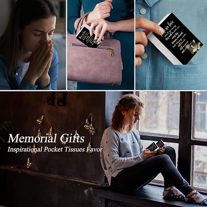 100 Packs Memorial Facial Tissues Those We Love Don't Go Away Inspirational Poem Pocket Tissues 3 Ply Napkins Packs Funerals Wedding Supplies for Family Relatives Guests, 700 Sheets(Black)