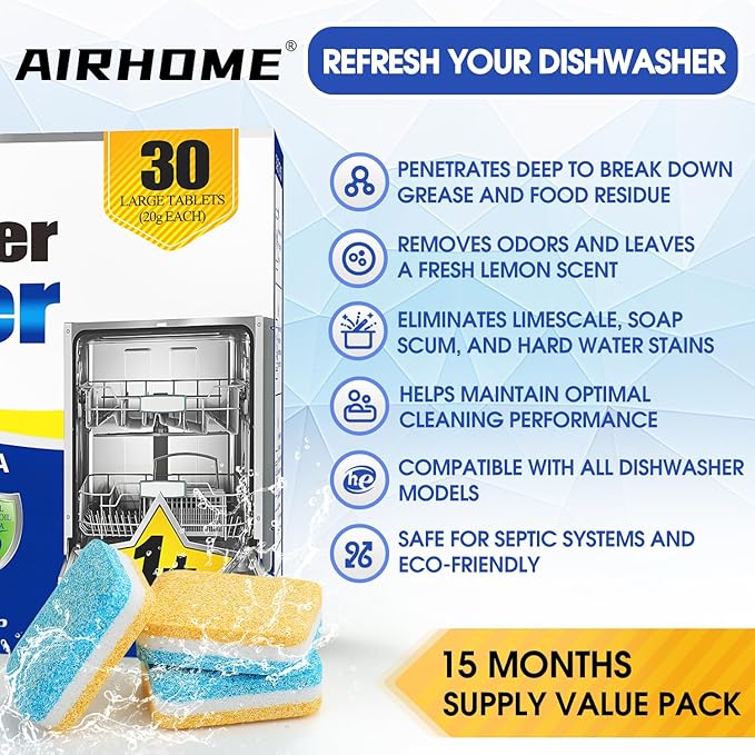 Dishwasher Cleaner Tablets, 30-Count Deodorizing Pods (15-Month Supply) - Heavy-Duty Descaler Removes Limescale, Minerals, Grease & Odors, Lemon Scent