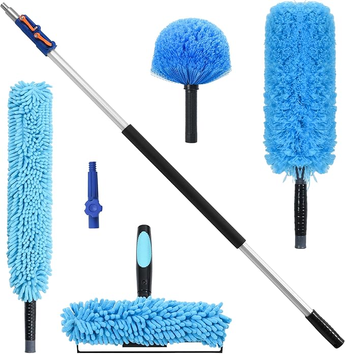 High Reach Cleaning Kit with 12FT Telescoping Pole - Ceiling Fan & Microfiber Feather Dusters, Cobweb Brush, Window Squeegee & Washer