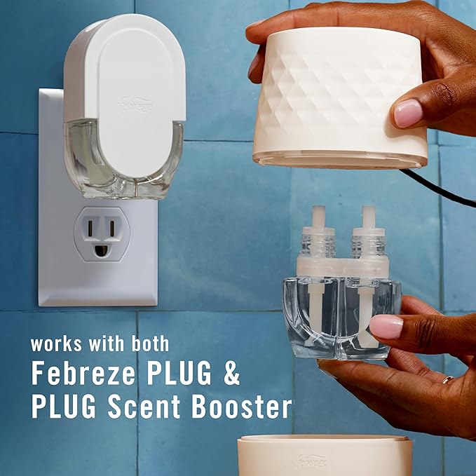 Febreze Plug Scent Booster Starter Kit, Oil Diffuser, Air Freshener Plug in, Giftable for Holidays, Continuous Scent Device + 2 Gain Original Refills