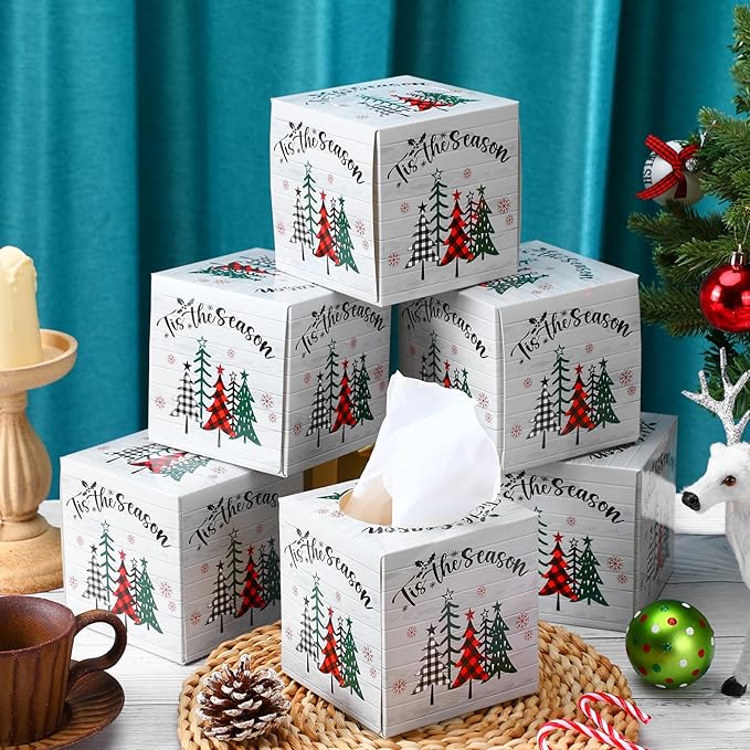 Yeaqee 6 Pack Large Christmas Facial Tissue Cube Box Square 480 Sheets Xmas Tree Christmas Paper Facial Tissues Cube Box for Winter Xmas Holiday Kitchen Office Home Car Decor