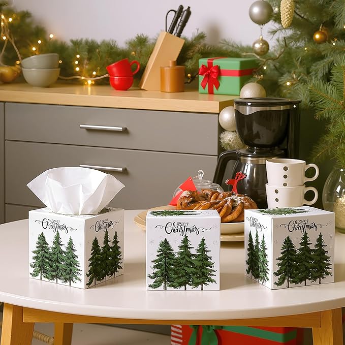 Yeaqee 6 Pack Christmas Facial Tissue Cube Box Square 480 Sheets Pine Tree Snowflake Christmas Paper Facial Tissues Cube Box for Winter Xmas Holiday Kitchen Office Home Xmas Decor