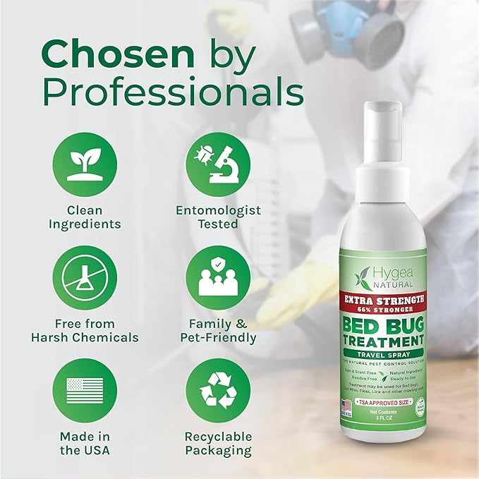 Hygea Natural Extra Strength Bed Bug & Mite Natural Travel Spray,TSA Approved Size, Child & Pet-Friendly, Stain & Odor Free, for Hotel, Suitcase, Backpack, Shoes, 66% Stronger Natural Formula(3oz)