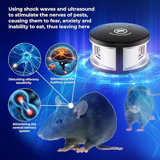 X-PEST Ultrasonic Rodent Repeller Indoor, 360° Squirrel Repellent Mice Deterrent, 3 Mode Switch with Pressure Wave, Plug in Multiple Pest Deterrent Control, Black
