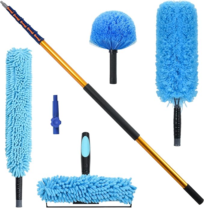 30 FT High Reach Cleaning Kit with 7-30 Foot Telescoping Extension Pole, Flexible Ceiling Fan Duster, Microfiber Feather Duster, Cobweb Duster & Window Squeegee & Washer