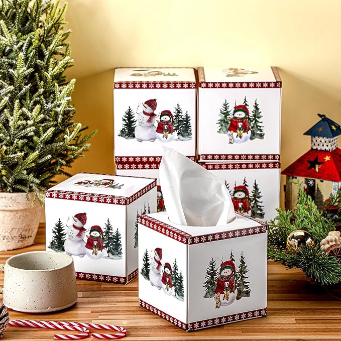 Yeaqee 6 Pack Christmas Facial Tissue Cube Box Square 480 Sheets Snowman Snowflake Christmas Paper Facial Tissues Cube Box for Winter Xmas Holiday Kitchen Office Home Xmas Car Decor
