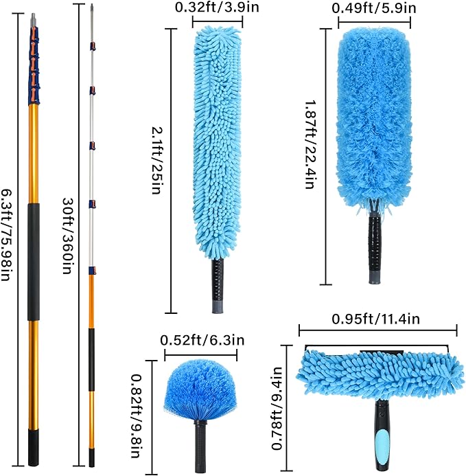 30 FT High Reach Cleaning Kit with 7-30 Foot Telescoping Extension Pole, Flexible Ceiling Fan Duster, Microfiber Feather Duster, Cobweb Duster & Window Squeegee & Washer