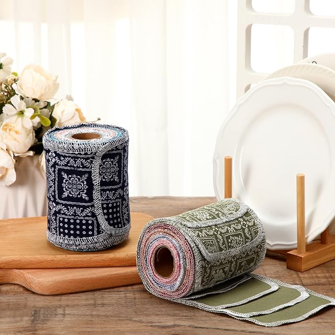 VitalCozy 50 Pcs Reusable Toilet Washable Bidet Towels Rerollable Cloth Wipes Paperless Towels Roll Absorbent Cotton for Kitchen Paperless Dishcloths (Vintage Flower)