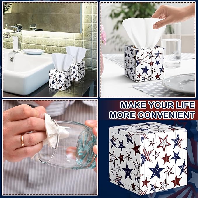 12 Pack Veterans Day Patriotic Facial Tissues Cube Face Boxes 600 Sheets 3 Ply Red White and Blue Small Square Tissues Bulk for Labor Car Bedroom Supplies(Independence Day Star)