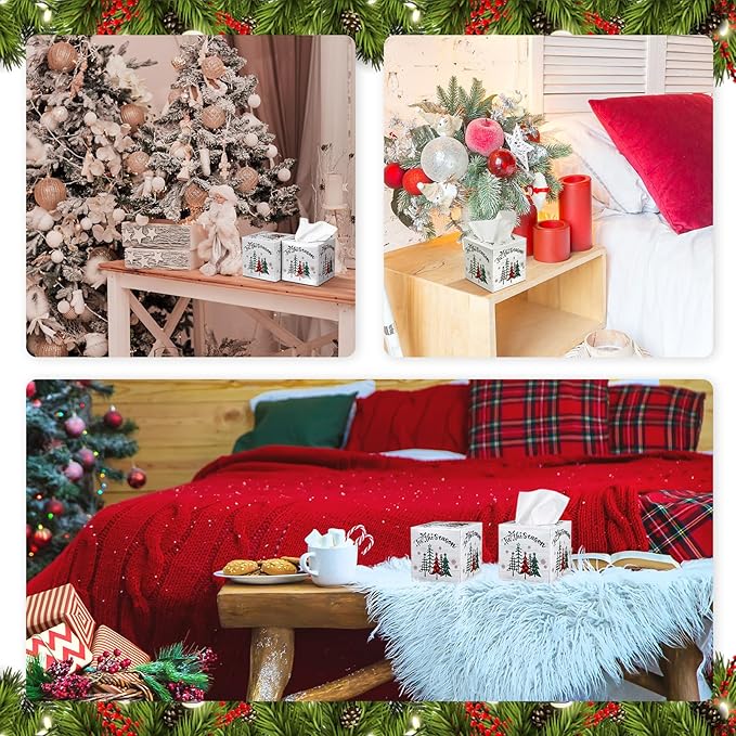 Yeaqee 6 Pack Large Christmas Facial Tissue Cube Box Square 480 Sheets Xmas Tree Christmas Paper Facial Tissues Cube Box for Winter Xmas Holiday Kitchen Office Home Car Decor