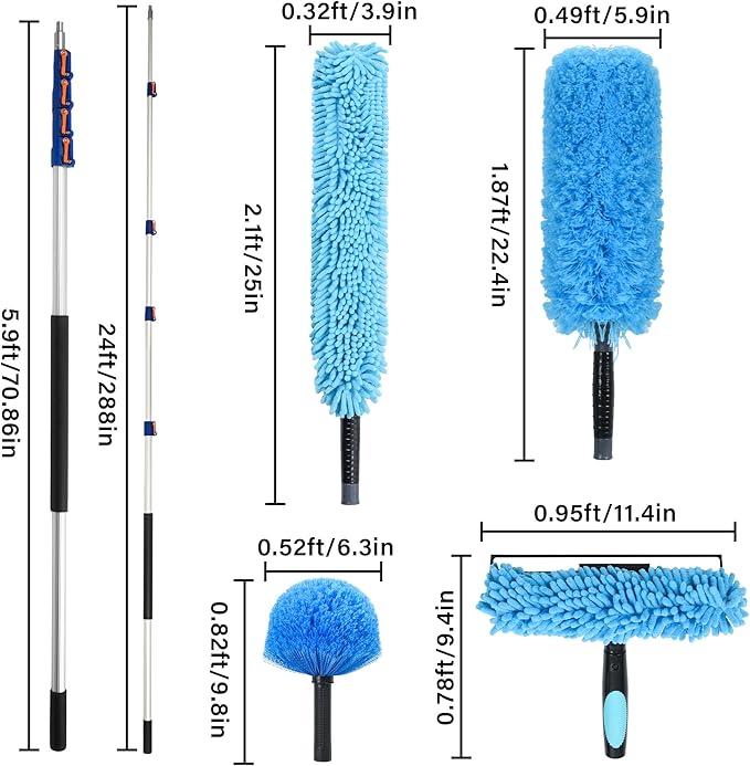 30 Foot High Reach Cleaning Kit with 6-24FT Telescoping Pole - High Ceiling Dusting and Window Cleaning Kit, Cobweb Duster, Window Washer & Squeegee, Fan Duster and Feather Duster