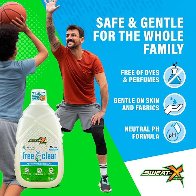 Sweat X Free & Clear Activewear Laundry Detergent – Certified Asthma & Allergy Friendly® – Hypoallergenic – Removes Toughest Stains & Odors – High-Performance Sports Wash – 45 Loads/Bottle – 2 Pack