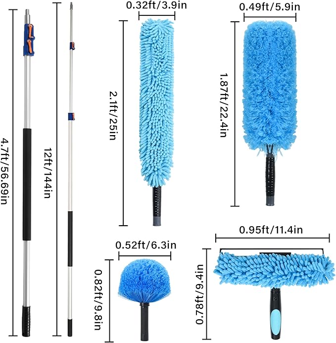 High Reach Cleaning Kit with 12FT Telescoping Pole - Ceiling Fan & Microfiber Feather Dusters, Cobweb Brush, Window Squeegee & Washer