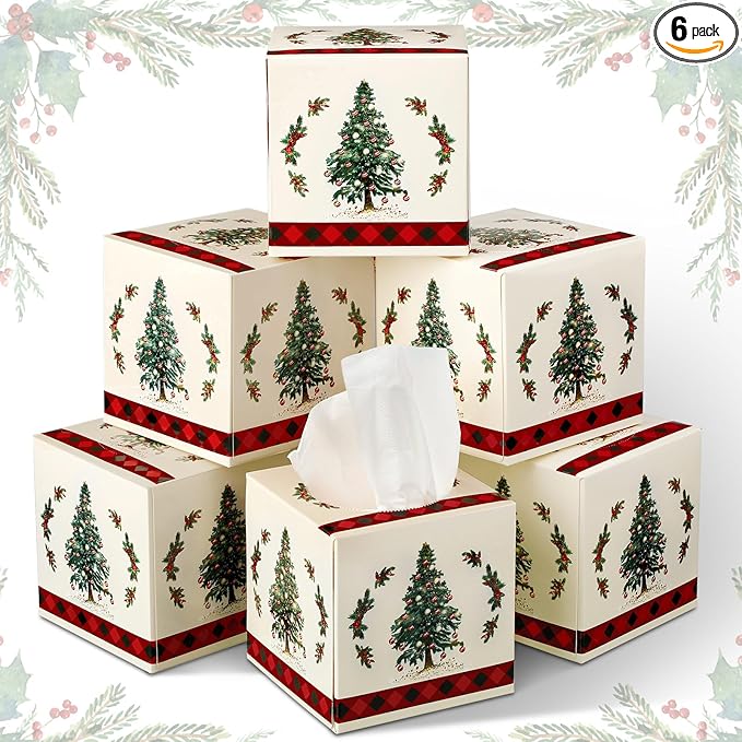 Yeaqee 6 Pack Christmas Facial Tissue Cube Box Square 480 Sheets Xmas Tree Christmas Paper Facial Tissues Cube Box for Winter Xmas Holiday Kitchen Office Home Car Decor