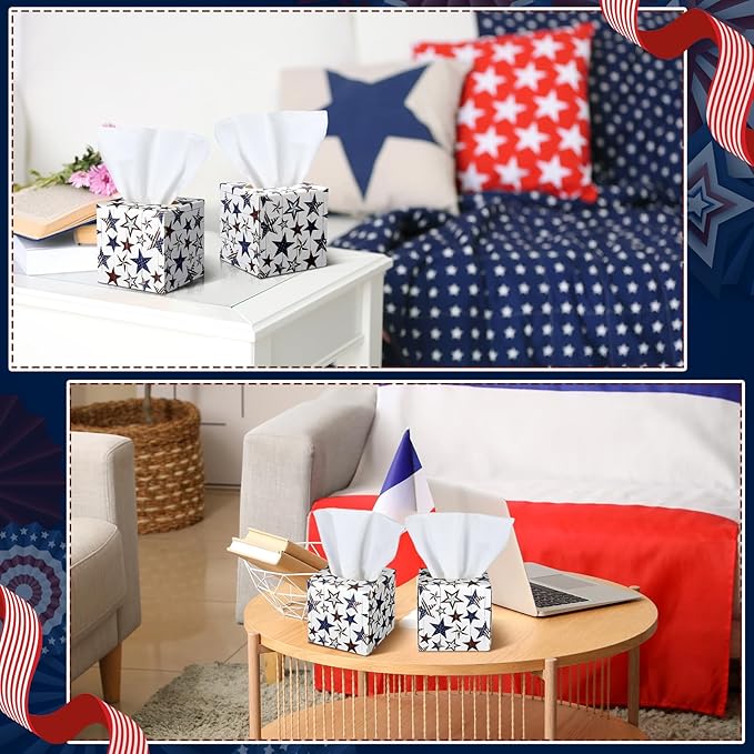 12 Pack Veterans Day Patriotic Facial Tissues Cube Face Boxes 600 Sheets 3 Ply Red White and Blue Small Square Tissues Bulk for Labor Car Bedroom Supplies(Independence Day Star)