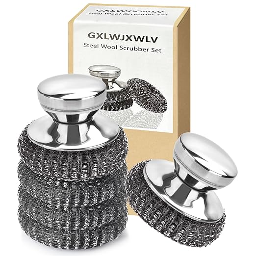 5PCS Stainless Steel Scrubber Pads, Steel Wool Scrubber Set with 2Pcs Handle, Stainless Scrubber for Cleaning Kitchen and Household, Dishes, Stoves, Grill, Wash Sink, Pots