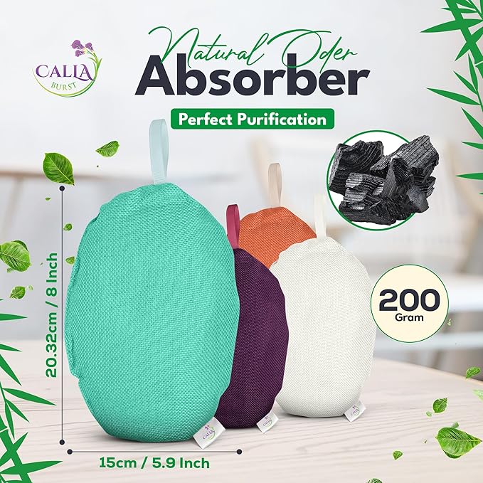 4 Pack Bamboo Charcoal Air Purifier Bags 200 Grams Each - Odor Absorber for Home, Car, Pets, Activated Charcoal Natural Freshener, Eco-Friendly & Reusable (Oval Shape)