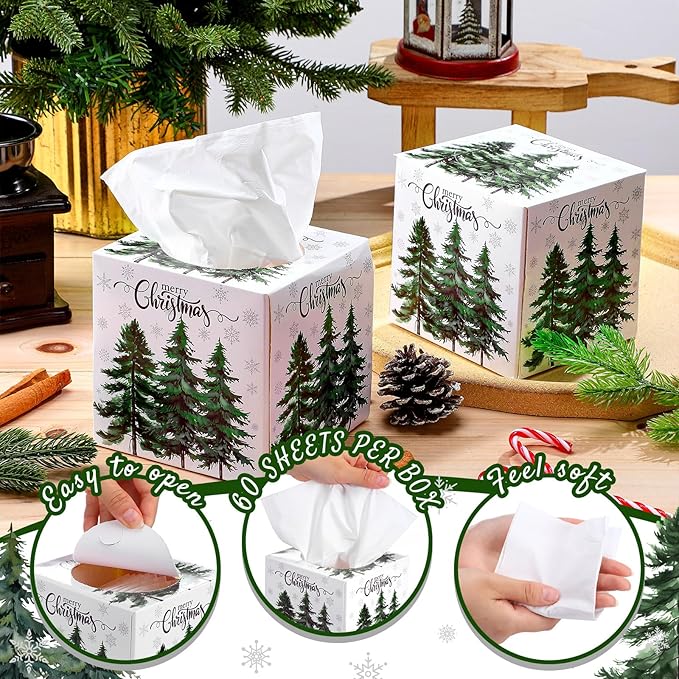 Yeaqee 6 Pack Christmas Facial Tissue Cube Box Square 480 Sheets Pine Tree Snowflake Christmas Paper Facial Tissues Cube Box for Winter Xmas Holiday Kitchen Office Home Xmas Decor